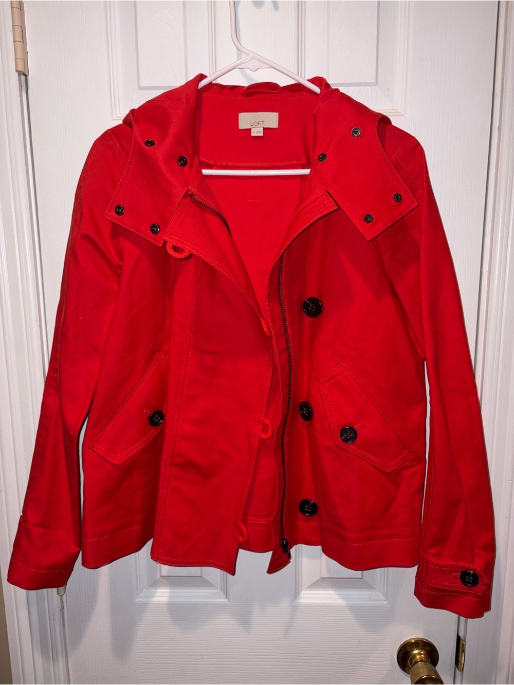 LOFT Bright Red Hooded Button-Front Trench Jacket